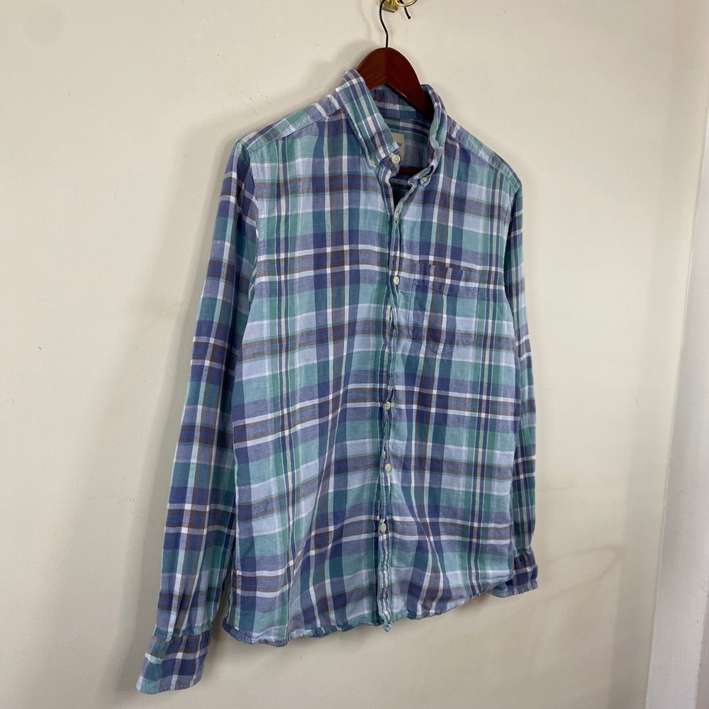American Eagle Plaid Button Up Mens Medium Cotton Linen Blue Green Flannel - Picture 3 of 8